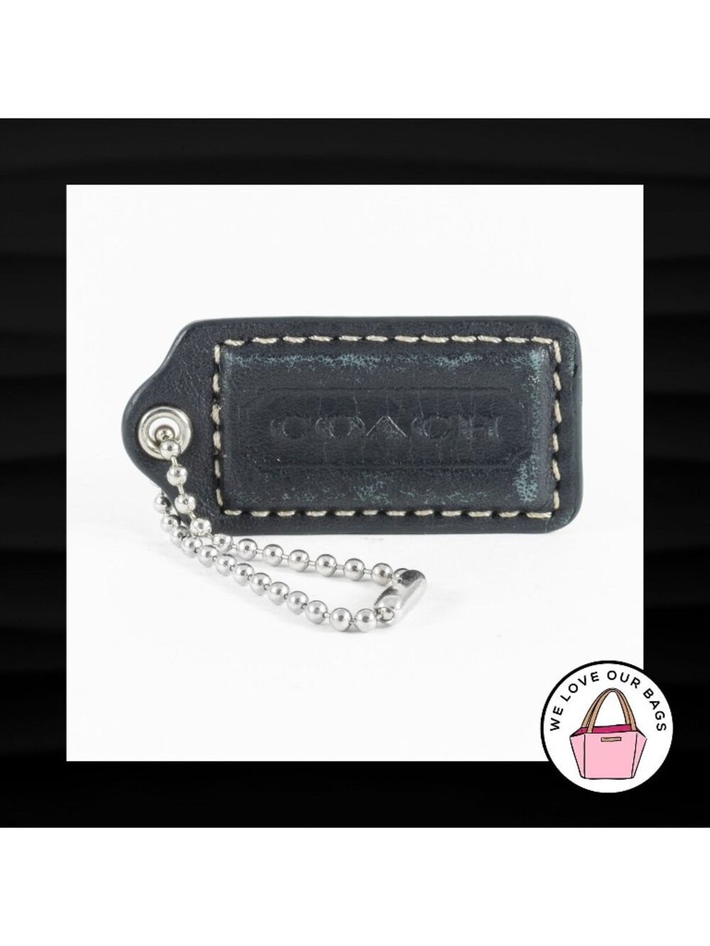 2" Medium COACH BLACK LEATHER NICKEL KEY FOB BAG CHARM KEYCHAIN HANGTAG TAG